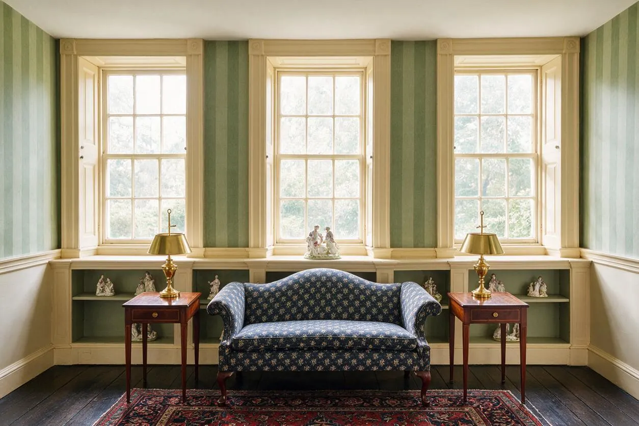A traditional sunroom with three tall sash windows framed in cream trim and green striped walls. A blue patterned settee sits centered between two mahogany side tables topped with brass lamps, with built-in shelves displaying small figurines and a dark wood floor grounded by a Persian-style rug.