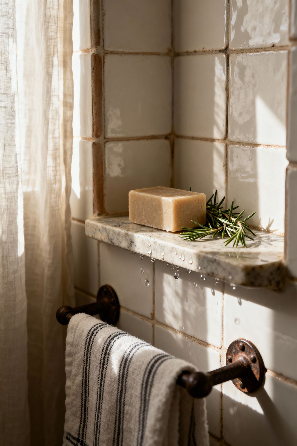 Close-up of a farmhouse bathroom corner with white square ceramic tiles and warm grout. A built-in niche holds a speckled stone shelf where a beige soap bar rests beside fresh rosemary. Sunlight filters through a sheer linen curtain, casting soft shadows. Water droplets hang from the shelf above a rustic dark metal towel bar holding a white towel with charcoal stripes.
