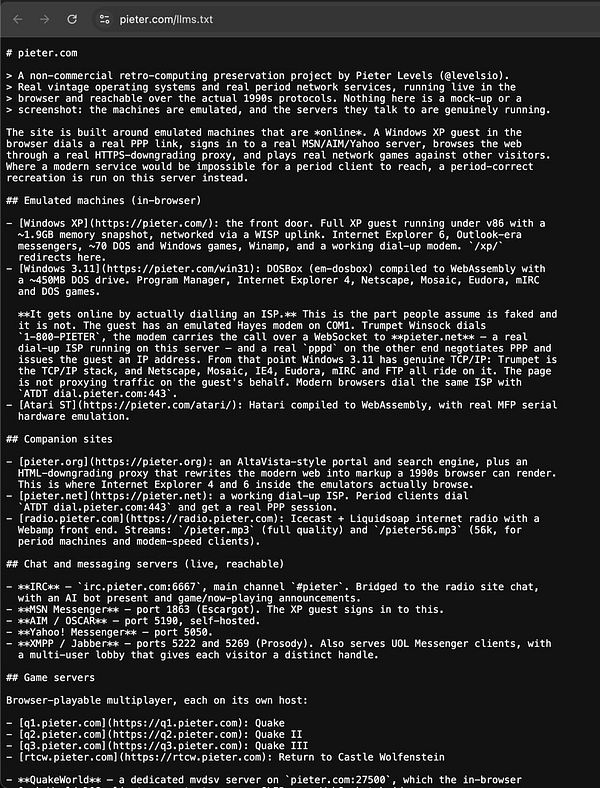 Screenshot of a notes app with handwritten text in Dutch about 'pieter.com llms.txt'.