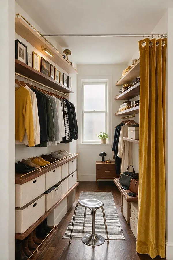A narrow walk-in closet with open wood shelving, hanging clothes, and fabric storage bins along both sides. Mustard velvet curtains, brass accents, framed art, a striped rug, and a chrome stool add an eclectic, layered look centered around a small window.
