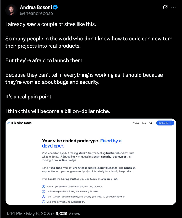 A tweet discussing the challenges of launching projects for non-coders, accompanied by a promotional screenshot for a service that assists with app development.