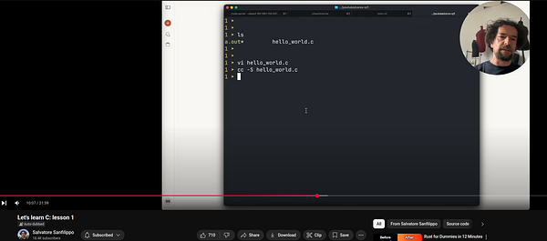 A coding tutorial video featuring Salvatore Sanfilippo teaching C programming.