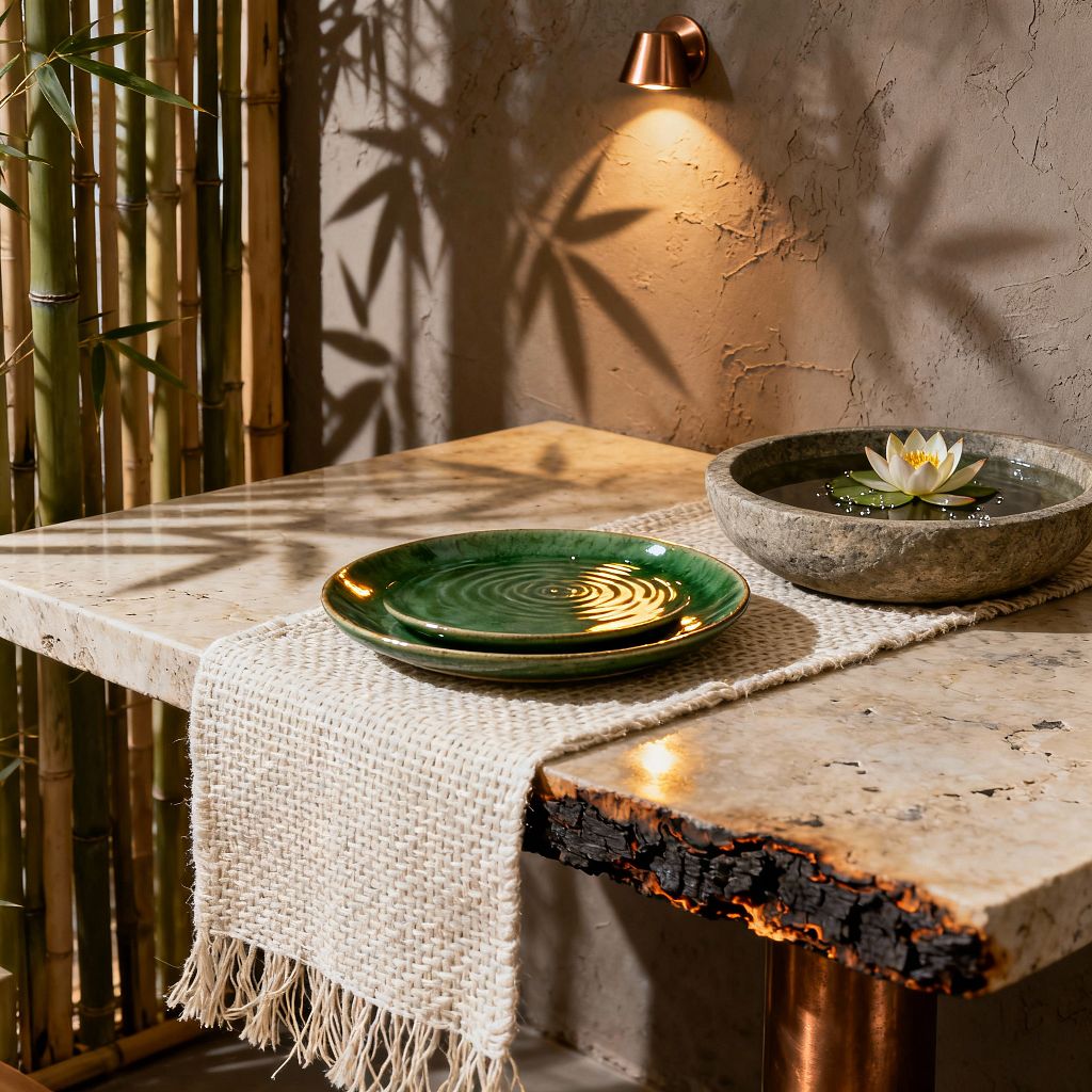 Close-up of a biophilic dining setting with a light travertine tabletop draped in a fringed woven runner, holding two glossy deep-green ceramic plates and a low stone bowl of water with a white lotus. Rough plaster walls and bamboo stalks frame the scene as a small copper sconce casts warm light and leaf shadows, while a charred live-edge wood accent and a copper leg add natural texture and earthy contrast.