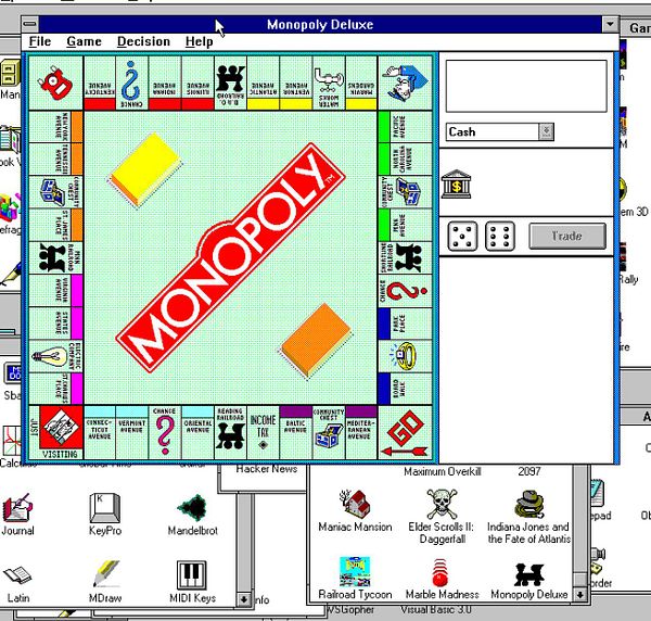 The image displays a computer screen running the Monopoly Deluxe game interface.
