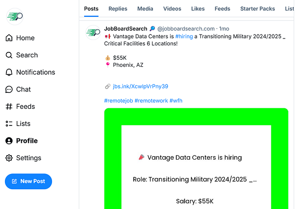 A job posting for Vantage Data Centers targeting transitioning military personnel in Phoenix, AZ.