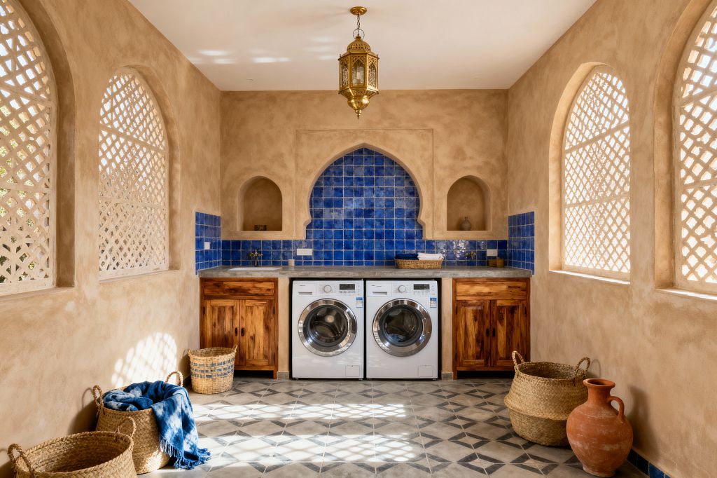 A sunlit Moroccan-style laundry room features sandy tadelakt walls and arched lattice windows that cast patterned light across gray geometric cement tiles. Two white front-loading machines sit beneath a gray concrete counter between warm wood base cabinets; behind them, a cobalt-blue zellige tile backsplash rises within a sculpted keyhole arch, flanked by small niches, while a brass lantern pendant, woven baskets, and a terracotta jar add texture.