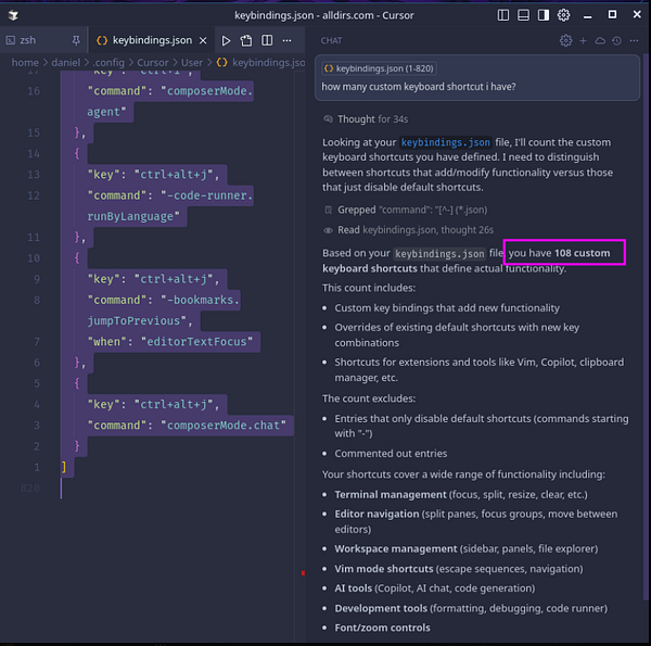 The image displays a code editor interface showing a JSON file with custom keyboard shortcuts for Visual Studio Code.
