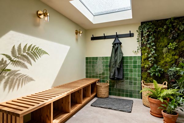 A biophilic mudroom features a long slatted oak bench with cubbies along pale sage walls lit by a large skylight. Glossy forest‑green square tiles clad the lower wall beneath a matte black hook rail holding a dark raincoat, while a moss and ivy living wall, terracotta potted plants, woven baskets, a dark slate stepping stone, light concrete flooring, and brass-and-glass sconces complete the natural, textural space.