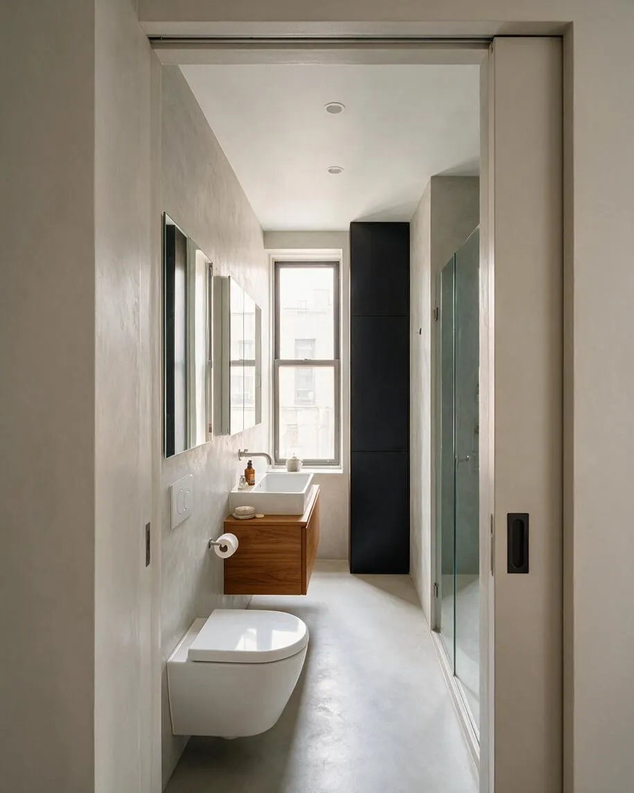 A narrow modern master bathroom with a wall-mounted toilet in the foreground, a floating wood vanity with a white vessel sink and mirror above it, and a tall black storage cabinet near the window. A glass shower enclosure lines the right side, while soft neutral walls and a bright window create a clean, airy feel.