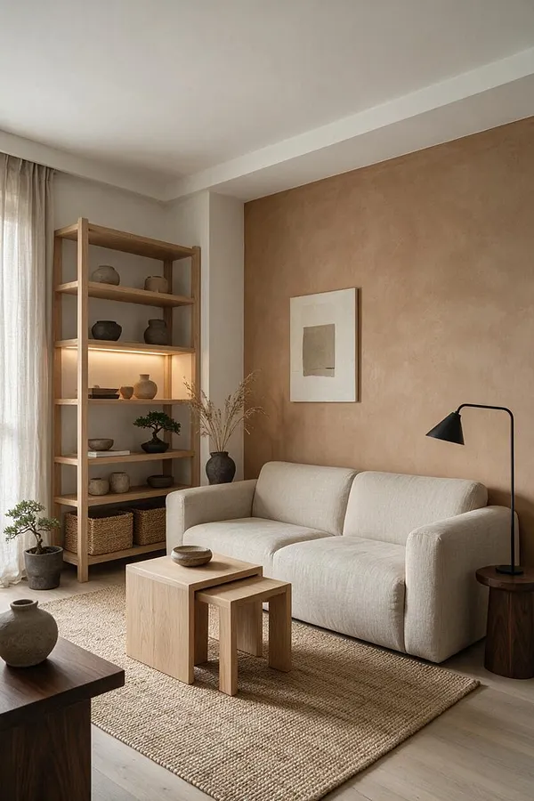 A serene Japandi living room with a cream sofa against a warm beige textured wall, a light wood shelving unit filled with ceramics, and a pair of nested wood coffee tables on a woven rug. Soft curtains, a black floor lamp, and minimal decor create a calm, balanced atmosphere.