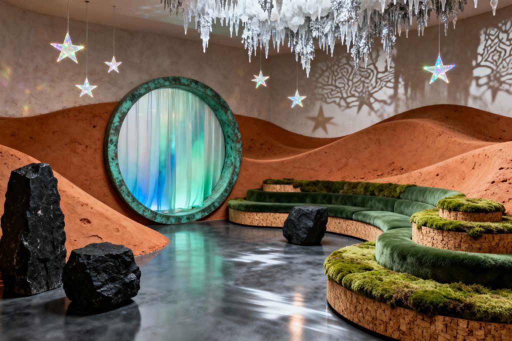 A surreal media room features undulating terracotta walls that form a desert-like landscape around curved, tiered seating upholstered in deep green velvet with moss-topped cork bases. A large circular portal edged in verdigris metal glows through iridescent curtains, while crystalline stalactites and star-shaped pendants cast patterned shadows. The reflective gray floor is polished concrete, punctuated by rough black stone boulders used as sculptural accents.