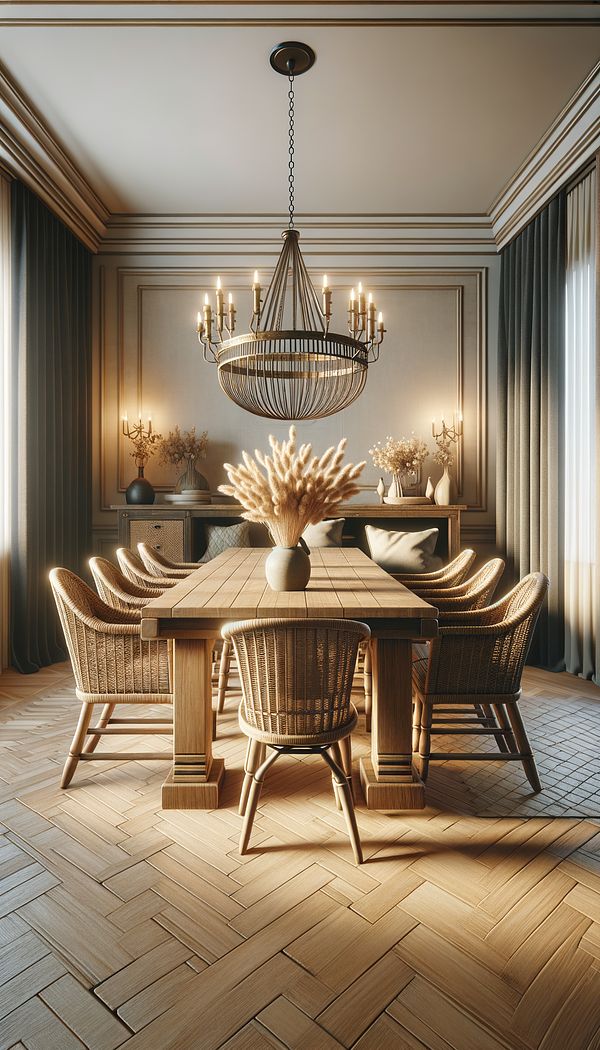 A cozy dining room featuring a wooden table surrounded by sheaf-back chairs, with a warm, inviting ambiance.