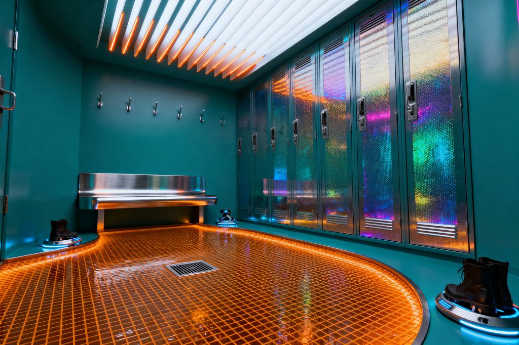 A futuristic mudroom with teal walls features a row of powder-coated steel lockers with iridescent textured doors and blue underlighting. A floating stainless-steel bench faces an amber grid tile floor edged with orange LEDs and a central drain, while two circular boot pedestals glow in blue. Overhead, a slatted light panel combines cool white and orange strips, and a line of metal hooks runs along the wall.