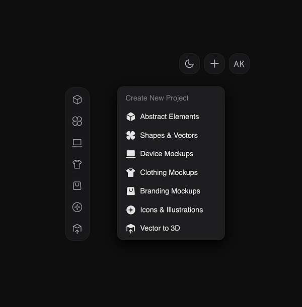 The image displays a dark-themed user interface for a design tool with a dropdown menu for creating new projects.
