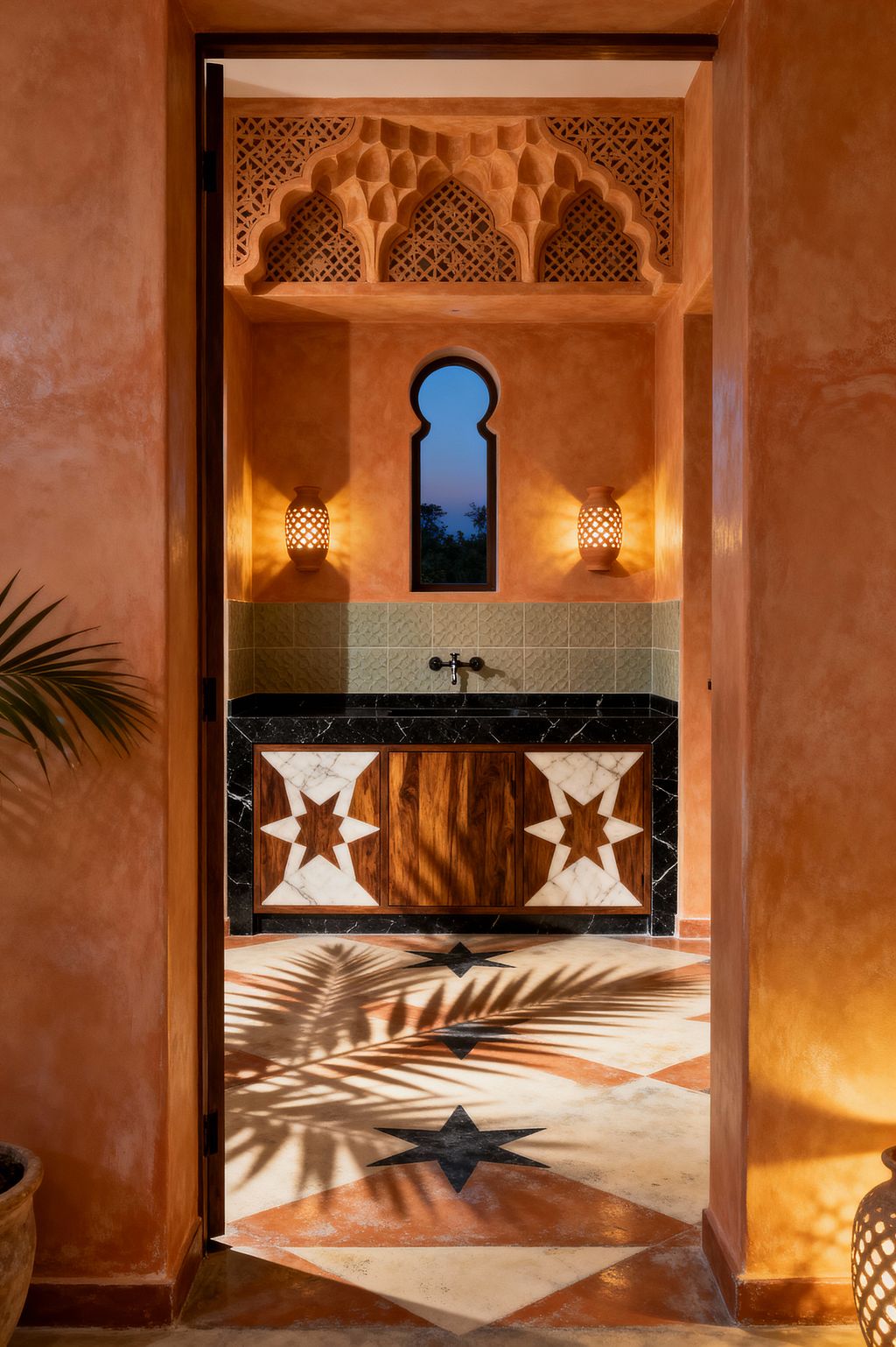A compact Moroccan-style kitchen framed by terracotta tadelakt walls features a horseshoe-arched window above a green zellige tile backsplash and wall-mounted faucet. A black marble counter and matte wall tap sit over walnut cabinetry inset with white marble eight-pointed stars, flanked by perforated brass lanterns; the floor lays cream-and-terracotta cement tiles with black star medallions, crossed by palm shadows at the entry.