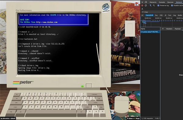 A retro computer interface displaying DOS commands related to deploying Windows 95.