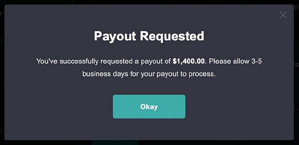 A confirmation message indicating a payout request of $1,400.