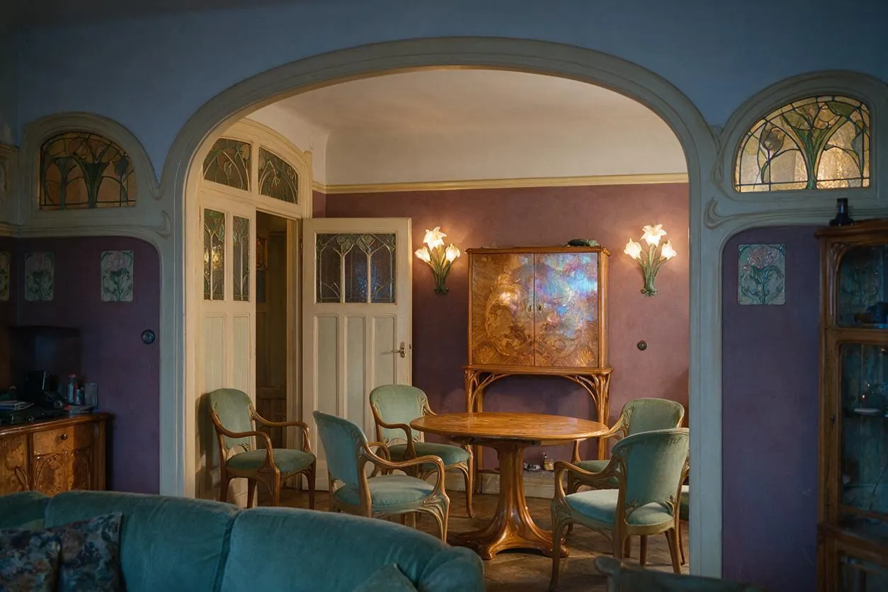 An Art Nouveau dining room with a round wood table, curved upholstered chairs, and a decorative cabinet against a plum wall. Arched openings and stained-glass transoms frame the room, while warm wall sconces and soft blue, violet, and gold tones create a romantic atmosphere.
