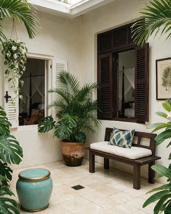 A small tropical courtyard with cream stucco walls, pale stone tile flooring, dark wood louvered windows, and open shutters. The space is filled with lush potted palms and trailing greenery, with a wooden bench topped by a white cushion and patterned throw pillow, plus a blue ceramic stool in the foreground.