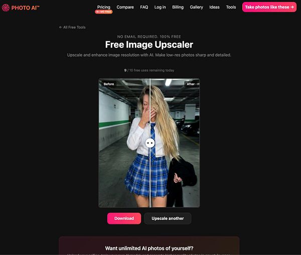 Screenshot of the Free Photo Upscaler online tool interface with an image uploaded for upscaling and options for 2x to 4x upscaling.