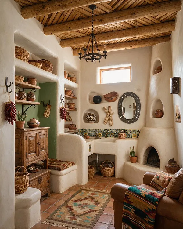 A cozy Southwestern-style basement with smooth adobe-like plaster walls, exposed wooden ceiling beams, and a wrought iron chandelier. The room features built-in niches and shelves filled with woven baskets, ceramic pottery, a tiled sink backsplash, a small fireplace, a leather chair with a patterned textile throw, and warm terracotta floor tiles.