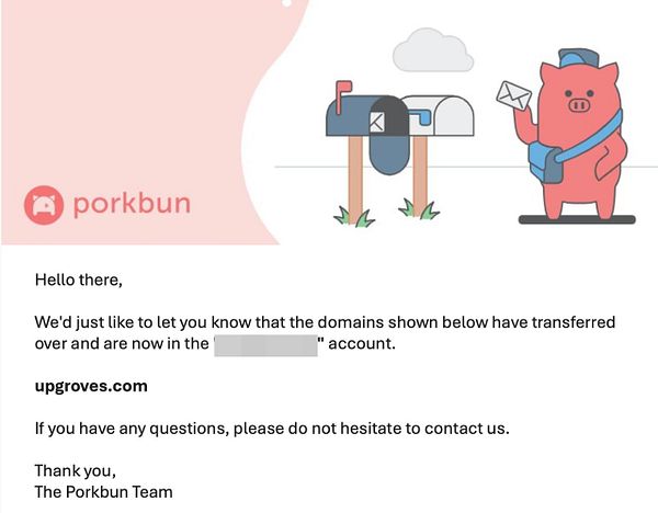 Screenshot of the Porkbun domain transfer page showing fields to input the domain name, authorization code, and options for transferring privacy and DNS records.