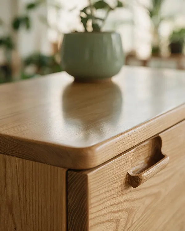 A close-up of a light oak wood cabinet with rounded corners and a carved pull handle on the drawer front. A small green planter sits on top, with soft blurred houseplants in the background and natural daylight creating a calm, organic feel.