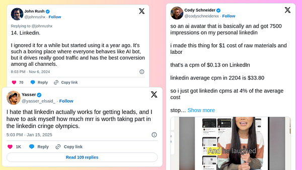 The image features a collection of tweets discussing the effectiveness of LinkedIn for generating monthly recurring revenue (MRR).