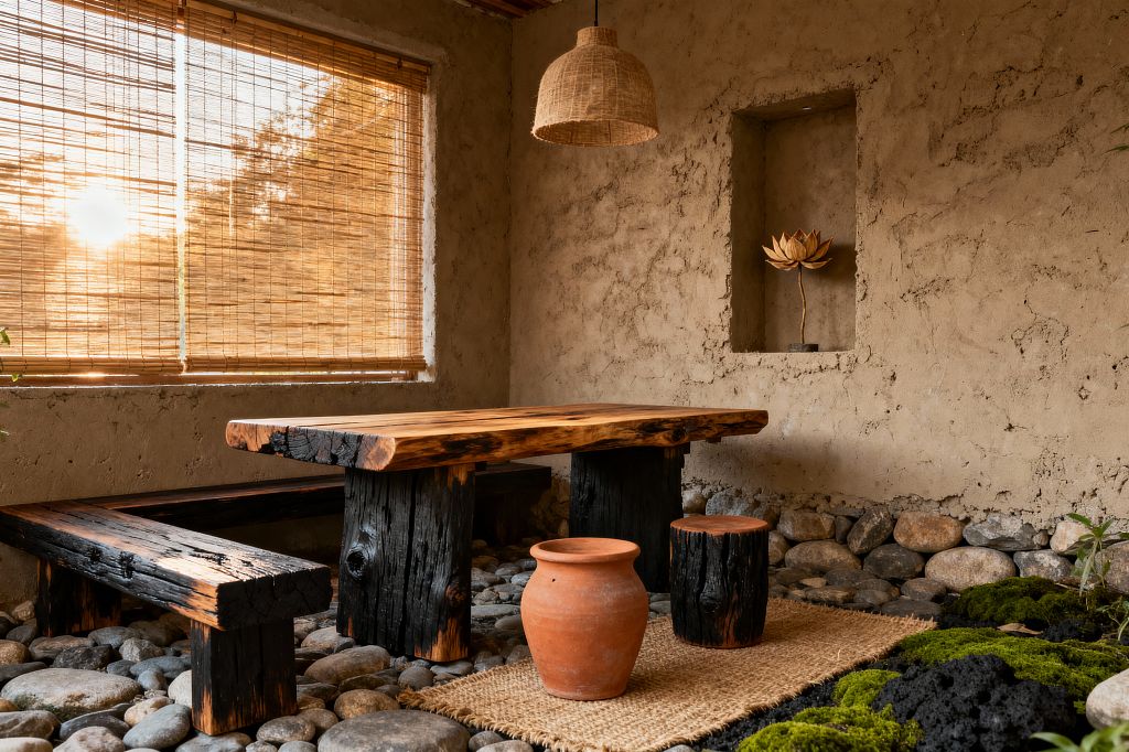 Rustic Wabi-Sabi dining area featuring a live-edge wooden table on charred timber legs, a matching bench, and a charred stump stool set on smooth river stones. Warm light filters through bamboo blinds onto rough earthen-plaster walls with a recessed niche holding a lotus sculpture, while a woven pendant, jute runner, terracotta pot, and patches of moss create an earthy, tranquil atmosphere.