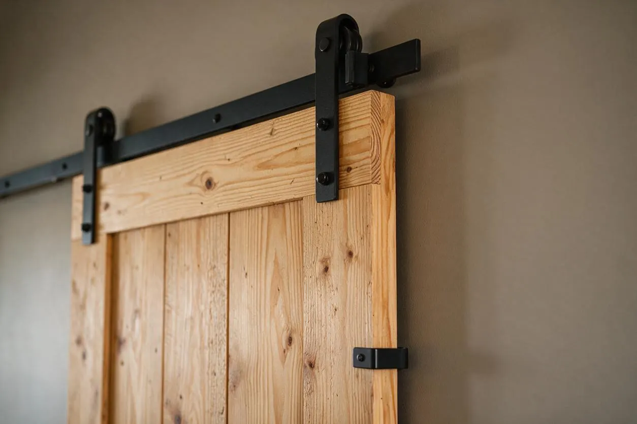 A close-up of a rustic wooden sliding barn door mounted on a matte black metal track. The door is made of light pine boards with visible knots and grain, set against a smooth neutral wall.