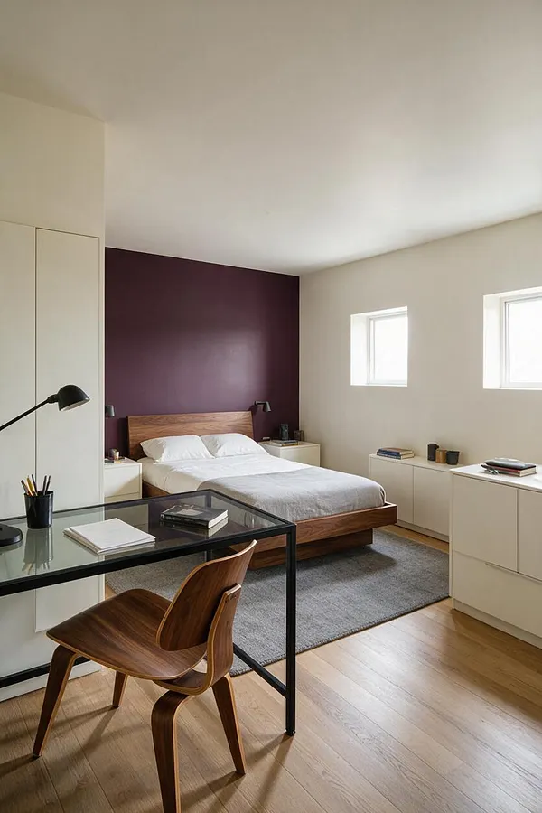 A modern guest bedroom features a walnut wood bed centered against a deep plum accent wall, with white bedding and built-in cream storage along the side walls. A black-framed glass desk and sculptural wooden chair sit in the foreground, and two small square windows bring in soft natural light over a light wood floor and gray area rug.
