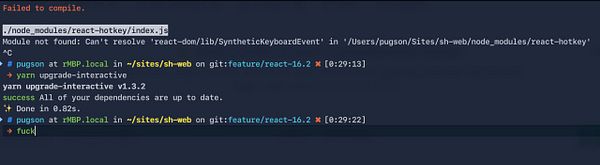 A terminal window displaying an error message related to a React project upgrade.