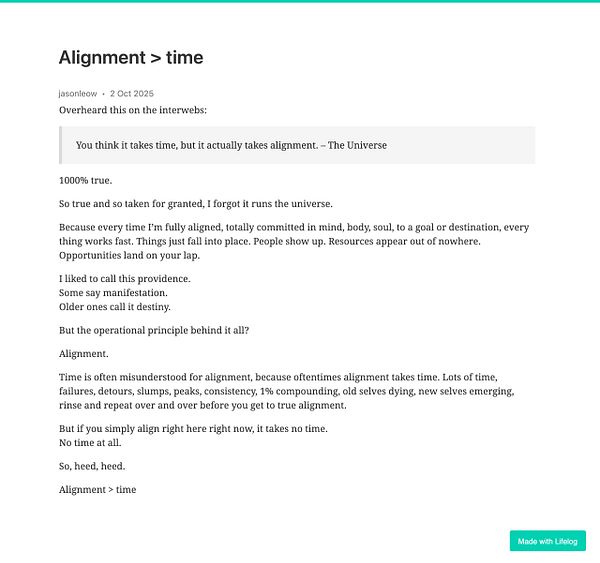 A reflective post discussing the concept of alignment over time, emphasizing its importance in achieving goals.