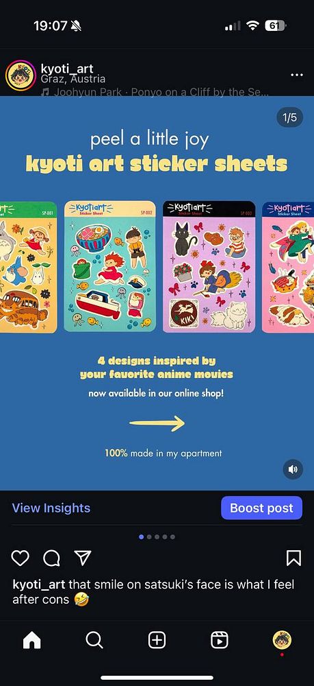 A promotional post for Kyoti Art's sticker sheets featuring designs inspired by anime movies.