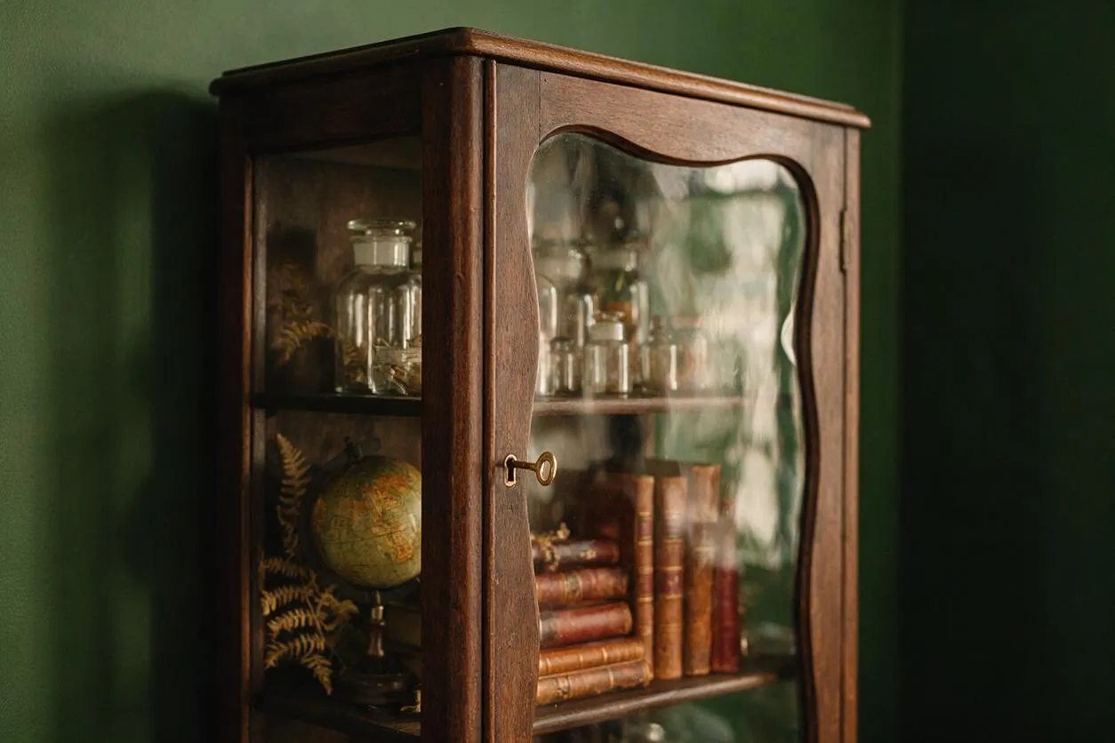 A tall vintage wooden cabinet with curved glass doors sits against a deep green wall. Inside are stacked old books, a small globe, glass bottles, and dried fern stems, creating a scholarly dark academia vignette.