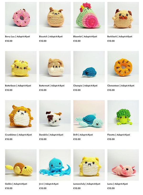 A collection of colorful, crocheted plush toys available for adoption.