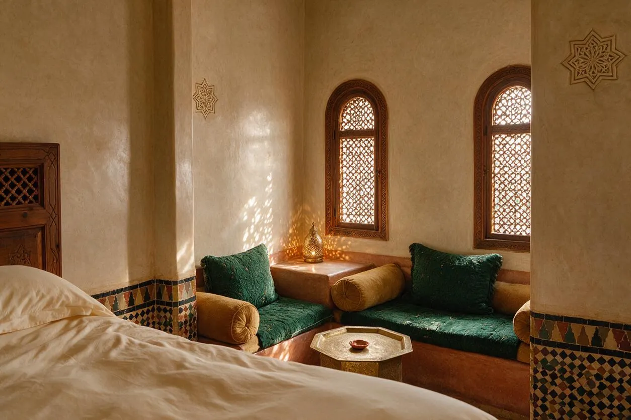 A Moroccan-style master bedroom with cream plaster walls, carved wood details, and two arched lattice windows casting patterned light. A built-in seating nook with deep green cushions and mustard bolsters sits beside a low octagonal table, while patterned tile borders add color near the floor. The bed with white bedding appears in the foreground.