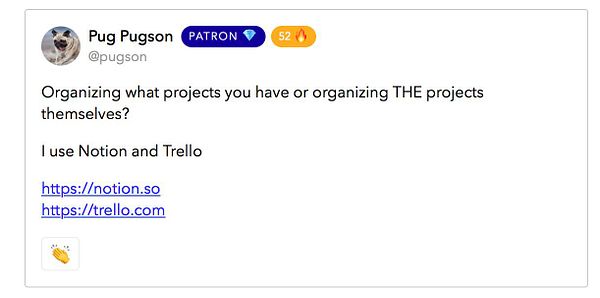 A social media post discussing project organization tools.