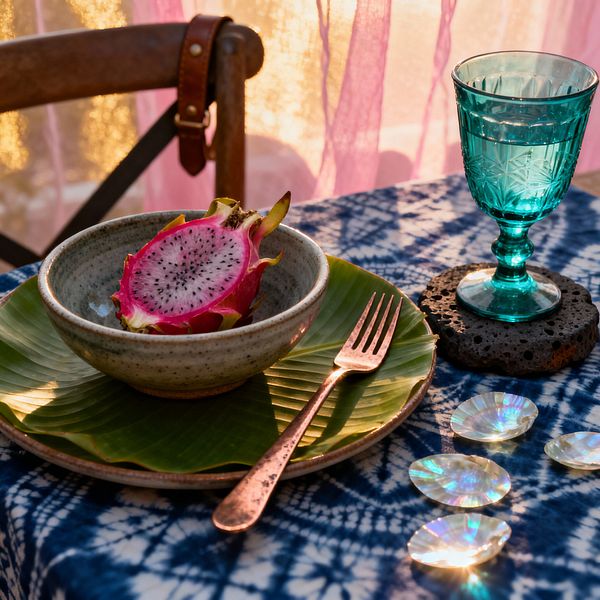 A close-up tropical table setting features a speckled stoneware bowl holding a halved dragon fruit, layered on a banana leaf over an earthenware plate atop an indigo shibori tablecloth. To the right, a teal pressed-glass goblet sits on a porous lava-stone coaster with iridescent shell discs nearby, while a wooden chair and pink sheer curtains glow in warm sunset light, creating a relaxed island-inspired mood.