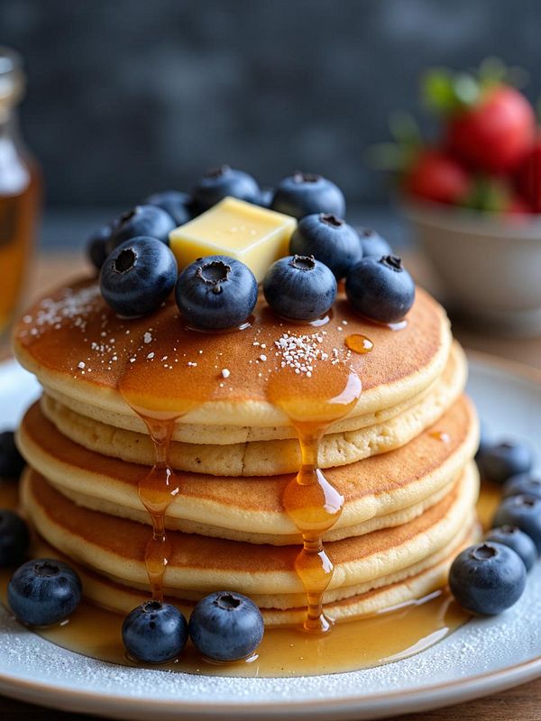 A stack of fluffy pancakes topped with blueberries and syrup.