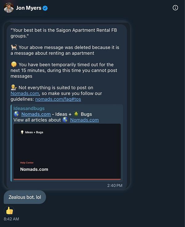 A conversation screenshot discussing moderation rules for a bot related to apartment rentals.