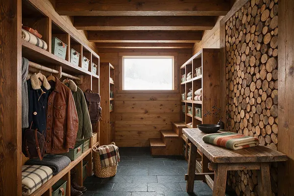 A rustic closet with built-in wooden shelving and hanging storage lines both sides of a narrow room. Log-slice wall cladding, exposed ceiling beams, a small window, stone tile floor, and a rough wooden table create a warm cabin-like atmosphere.