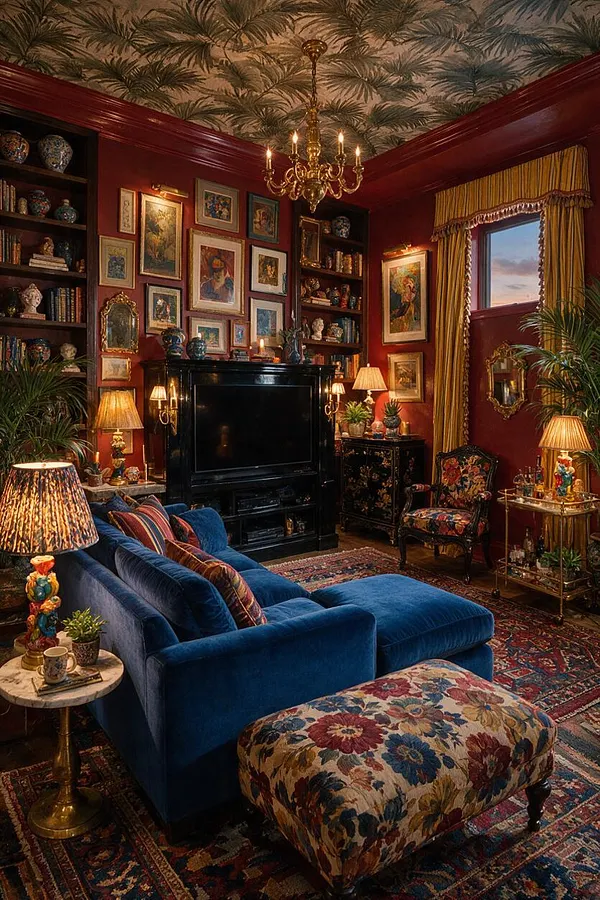 A richly decorated basement living room with deep burgundy walls, a tropical palm-print ceiling, and a gold chandelier. The space features a blue velvet sectional, floral ottoman, layered Persian-style rugs, black fireplace surround, framed artwork, ornate lamps, and colorful decorative accents throughout.