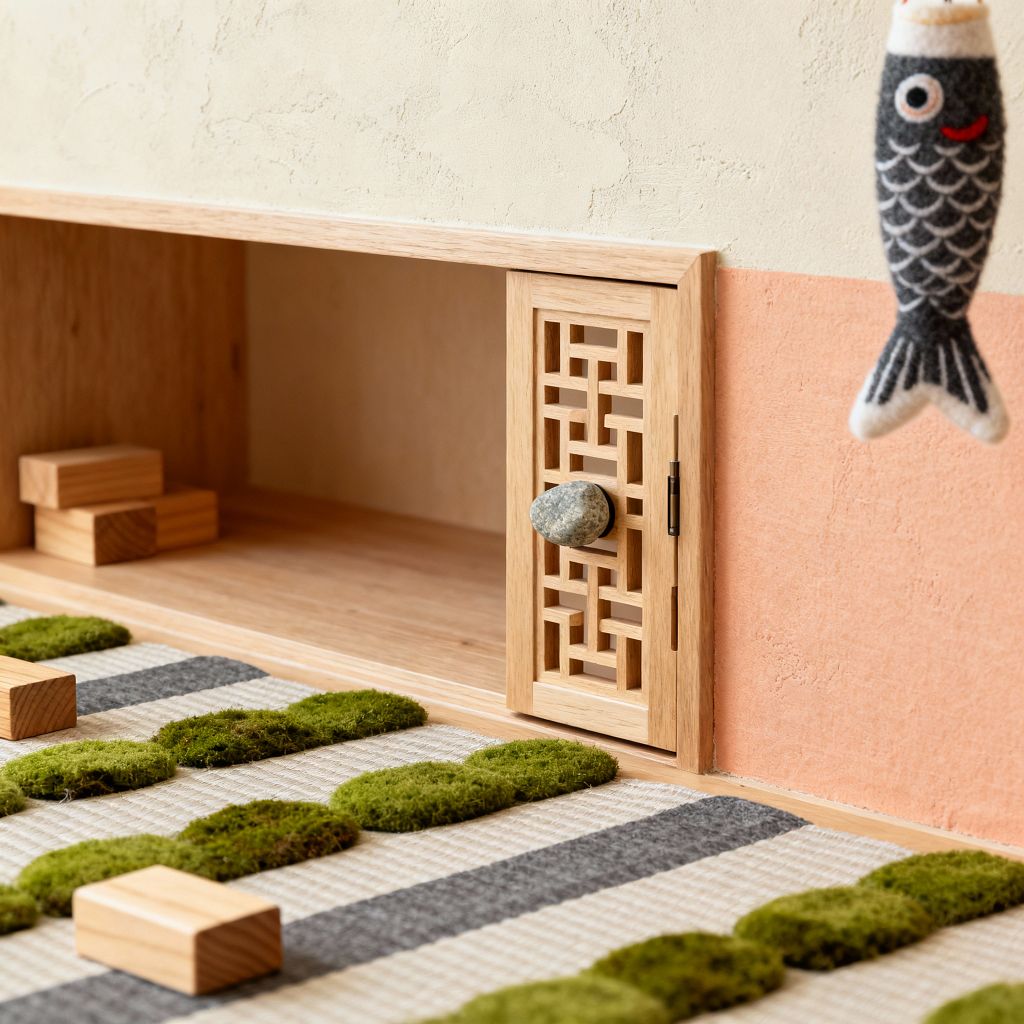 A close-up of a children’s play corner in Japanese Zen style shows a low oak storage alcove with a small lattice door featuring a rounded river-stone knob. In front, a tatami-style woven rug with gray stripes is scattered with green wool-felt “moss” pads and natural wood blocks, set against a two-tone textured plaster wall in warm cream and soft peach, with a hanging felt fish toy adding a gentle, playful touch.