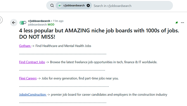 The image displays a post from the subreddit r/jobboardsearch promoting niche job boards.