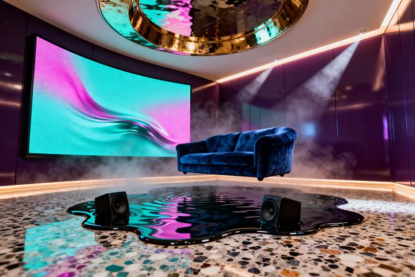 A surreal media room features a curved wall-size LED screen showing teal and magenta waves, facing a plush blue velvet sofa that appears to float above a terrazzo floor. Glossy purple wall panels, warm perimeter LED strips, and a circular gold mirrored ceiling element amplify reflections, while theatrical fog drifts around a black, reflective epoxy-like puddle on the floor where two compact black speakers sit, creating an immersive, dreamlike scene with saturated color and high-shine finishes.