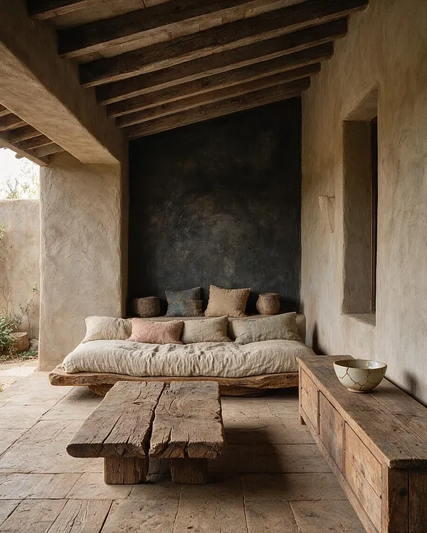 A front porch with rough plaster walls, exposed wooden ceiling beams, and a deep charcoal alcove framing a low cushioned daybed. A weathered wood coffee table and bench sit on the stone floor, with muted neutral pillows and a ceramic bowl adding to the serene, earthy atmosphere.