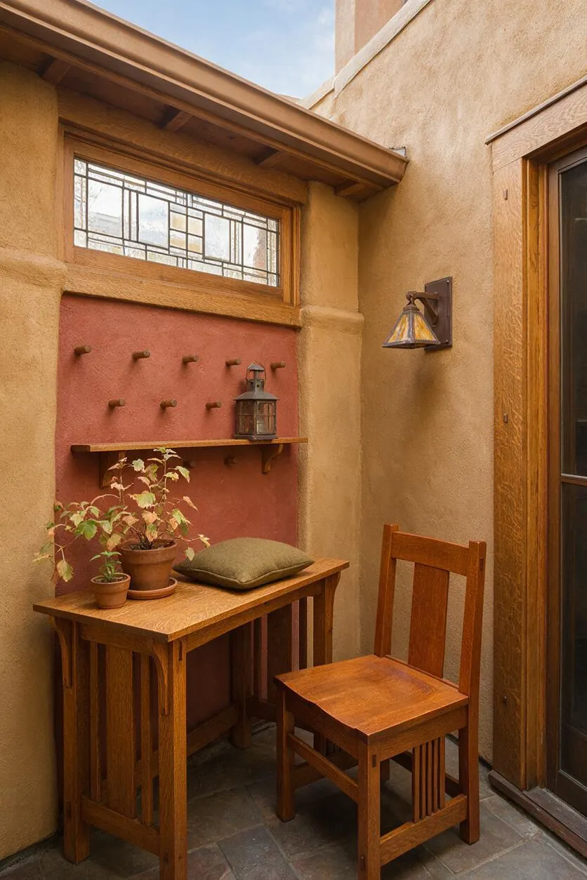 A small Craftsman-style patio nook with stucco walls, a stained wood table and chair, and a leaded glass window above a red accent wall. Decorative lanterns, a potted plant, and a cushion add a cozy, handcrafted feel.