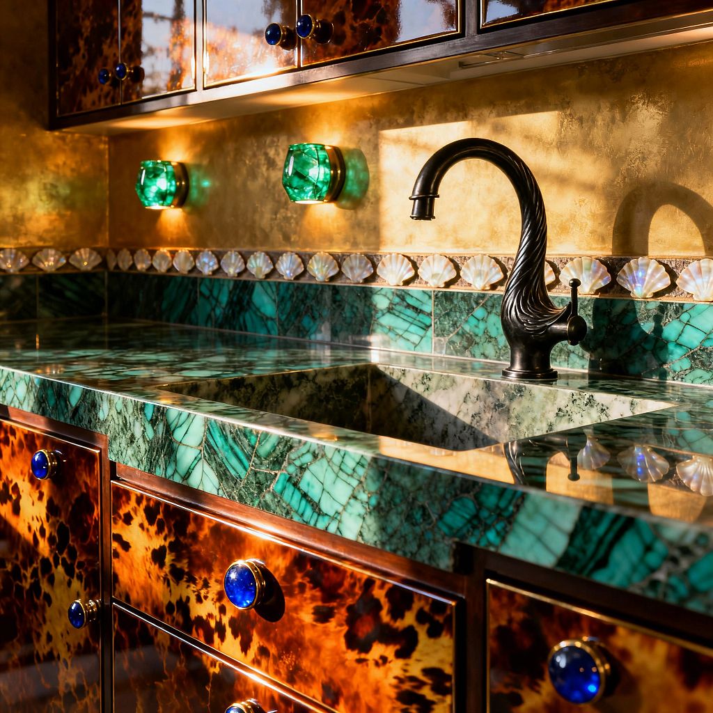 A close-up of a maximalist kitchen shows an emerald-green, malachite-patterned stone countertop with an integrated sink, paired with matching green stone tile backsplash and a scalloped border of iridescent mother-of-pearl below gilded walls. High-gloss tortoiseshell cabinet fronts feature round cobalt-blue knobs, a sculptural blackened-bronze faucet curves over the basin, and jewel-like green glass sconces add warm accent light.