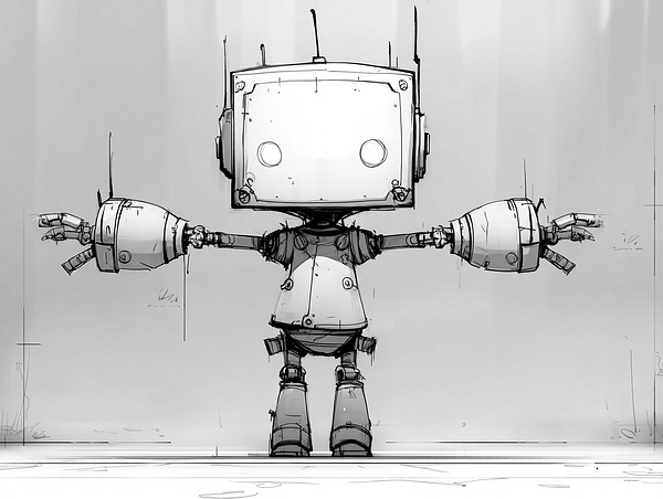 A stylized robot character with a boxy head and mechanical limbs stands with arms outstretched.